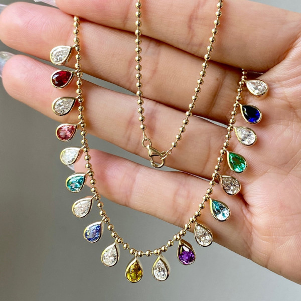 35ctw Pear Cut Multicolor Sapphire Station Statement Necklace