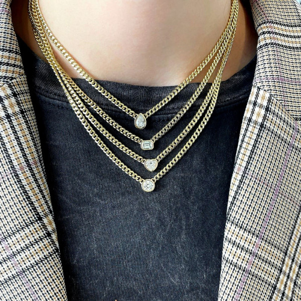 Simple Cuban Link Chain Bezel Set Pendant Necklace