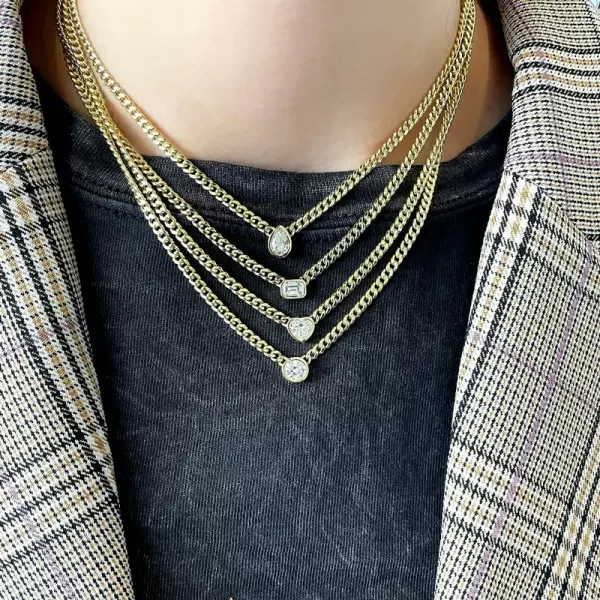 Simple Cuban Link Chain Bezel Set Pendant Necklace