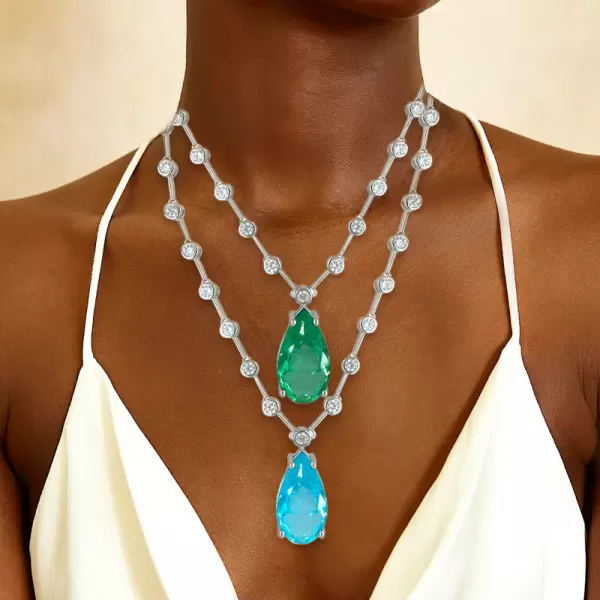 14ct Pear Cut Paraiba/Emerald Bubble Chain Statement Necklace
