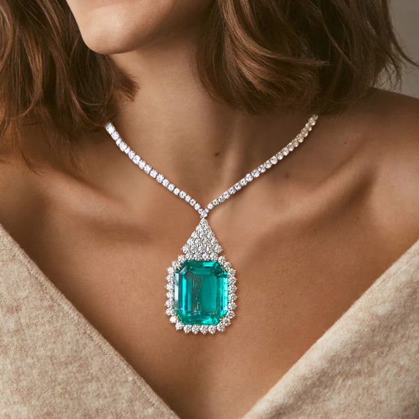 20ct Halo Emerald Cut Emerald Statement Necklace