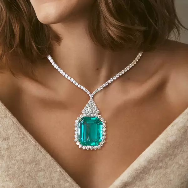 20ct Halo Emerald Cut Emerald Statement Necklace