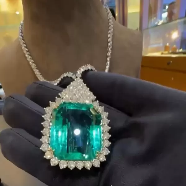20ct Halo Emerald Cut Emerald Statement Necklace