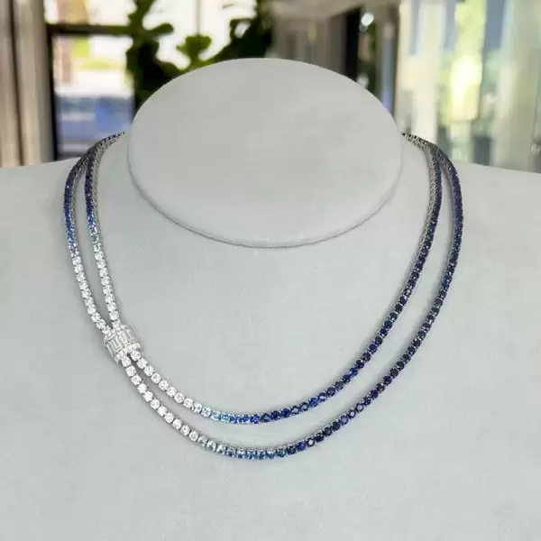 48ctw White/Gradient Blue Sapphire Bolo Statement Necklace