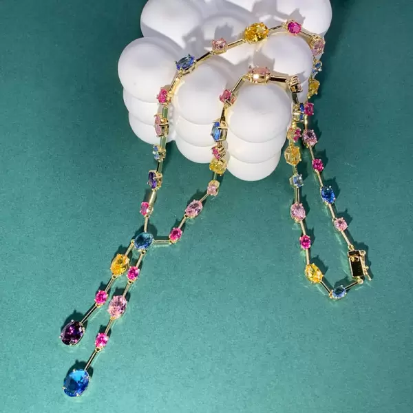 30ctw Oval Cut Multicolor Gold Tone Statement Necklace