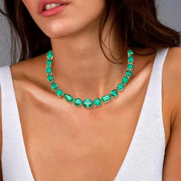 55ctw Multi-cut Emerald Gold Tone Statement Necklace