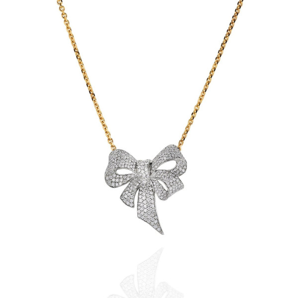 White Sapphire Paved Large Bow Pendant Necklace