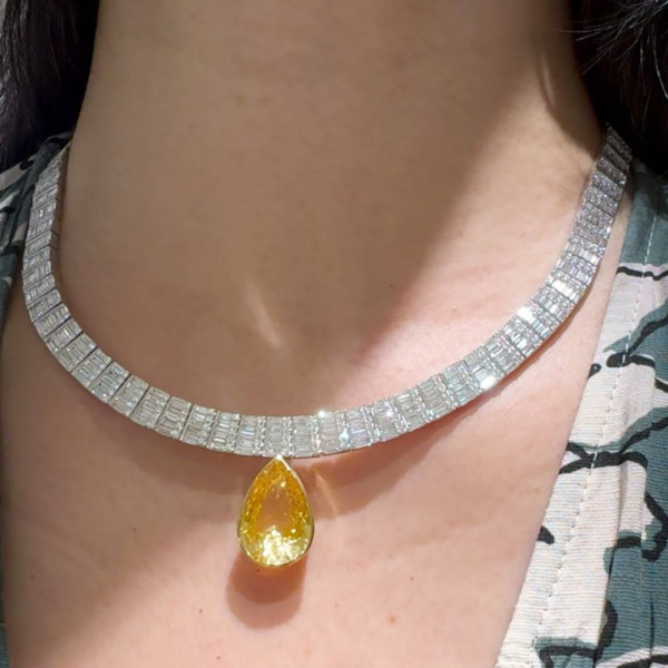 12ct Pear Cut Yellow Sapphire Baguette Chain Statement Necklace