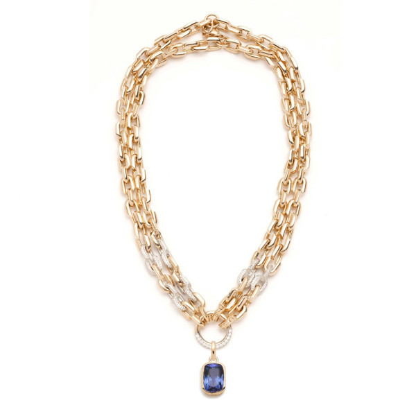 14ct Cushion Cut Blue Sapphire Double-Layer Link Chain Necklace