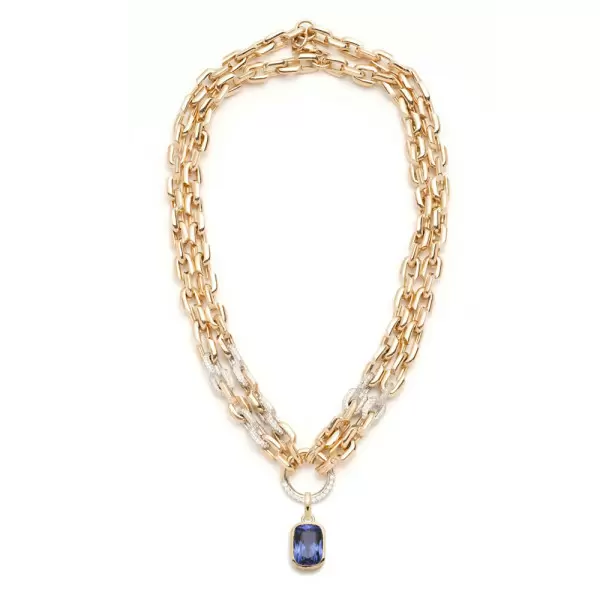 14ct Cushion Cut Blue Sapphire Double-Layer Link Chain Necklace