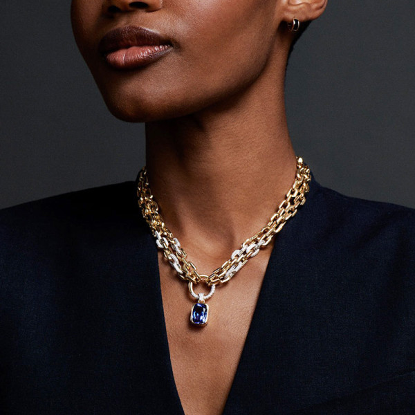 14ct Cushion Cut Blue Sapphire Double-Layer Link Chain Necklace