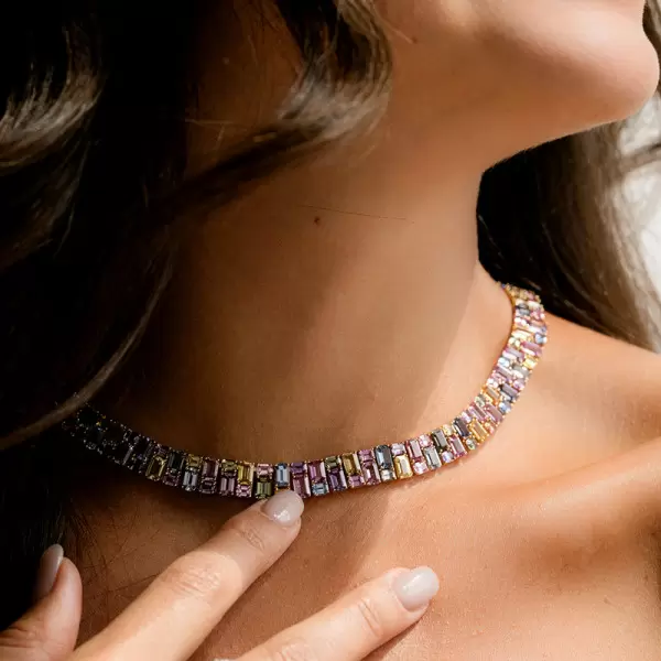 66ctw Emerald Cut Multicolor Sapphire Statement Necklace