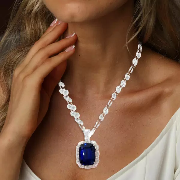 14ct Halo Cushion Cut Blue Sapphire Double-Layer Chain Necklace