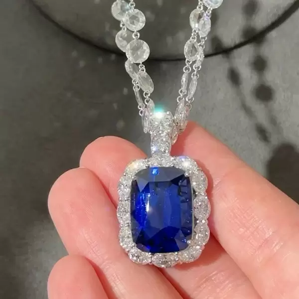 14ct Halo Cushion Cut Blue Sapphire Double-Layer Chain Necklace