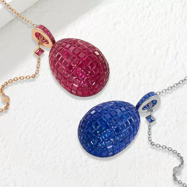30ctw Invisibly-set Blue Sapphire/Ruby Egg Pendant Necklace