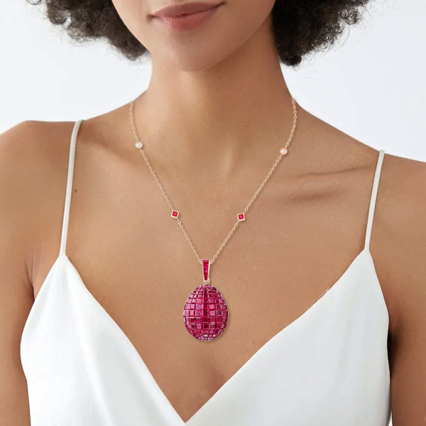 30ctw Invisibly-set Blue Sapphire/Ruby Egg Pendant Necklace