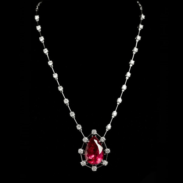 5.7ct Pear Cut Ruby Pendant Station Necklace