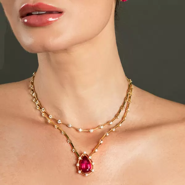 5.7ct Pear Cut Ruby Pendant Station Necklace
