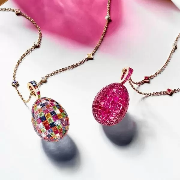 30ctw Invisibly-set Multicolor Sapphire Egg Pendant Necklace