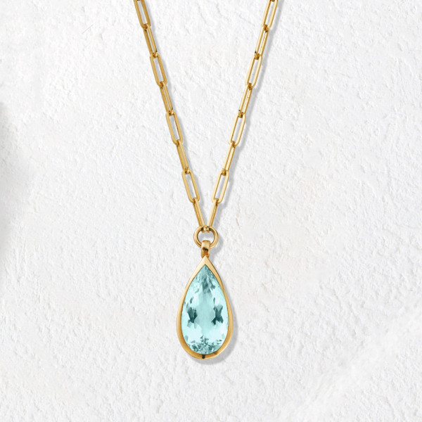 10ct Pear Cut Greenish Blue Aquamarine Paperclip Chain Necklace