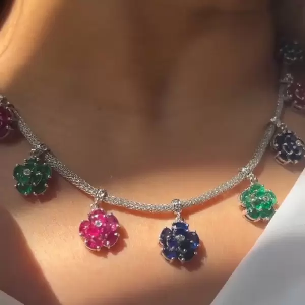16ctw Multicolor Sapphire Flower Pendant Statement Necklace