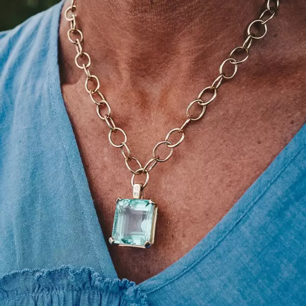 25ct Huge Emerald Cut Aquamarine Link Chain Necklace