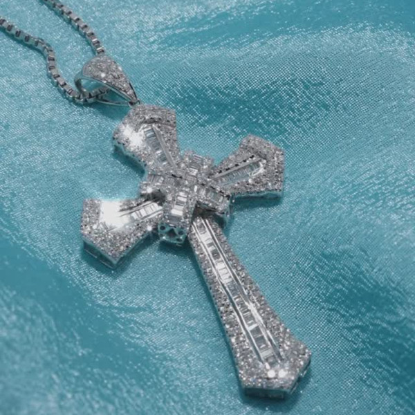 10ctw Baguette Cut White Sapphire Cross Pendant Necklace