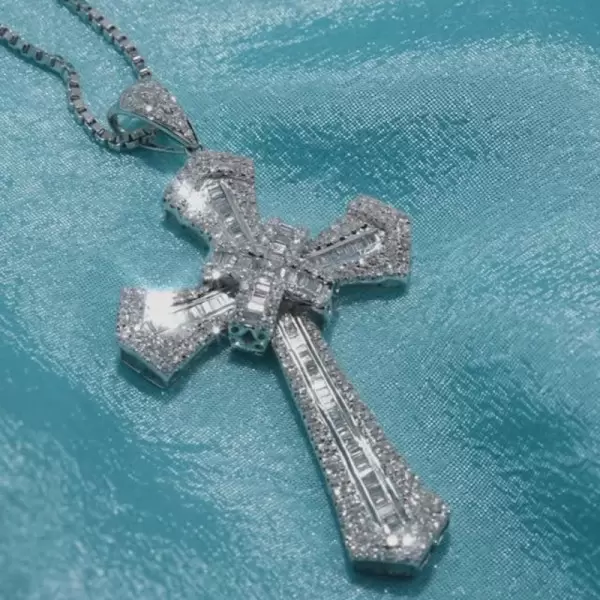 10ctw Baguette Cut White Sapphire Cross Pendant Necklace