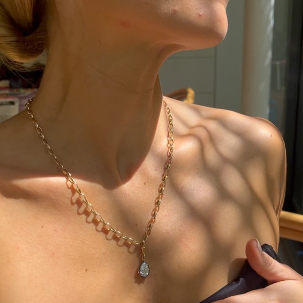 3ct Pear Cut Vintage Two Tone Pendant Link Necklace