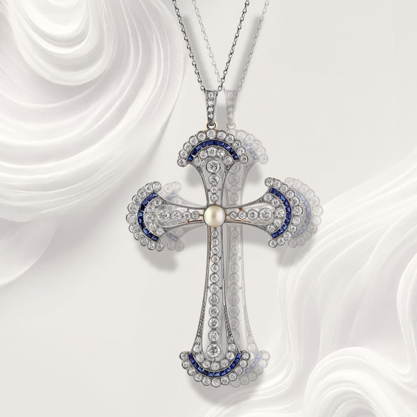 8ctw Edwardian Style Pearl and Sapphire Cross Pendant Necklace