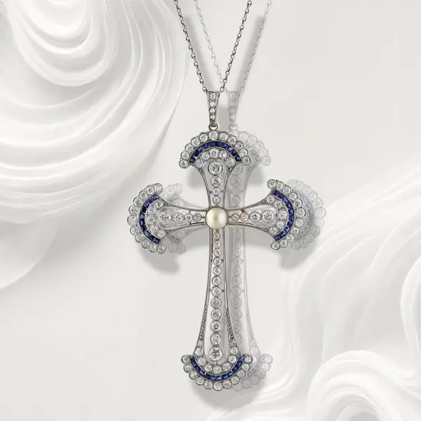 8ctw Edwardian Style Pearl and Sapphire Cross Pendant Necklace
