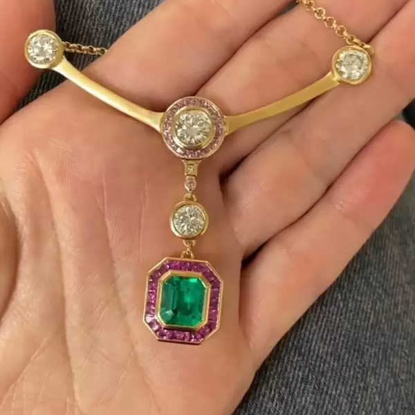 4ct Emerald Cut Emerald With Ruby Halo Pendant Necklace