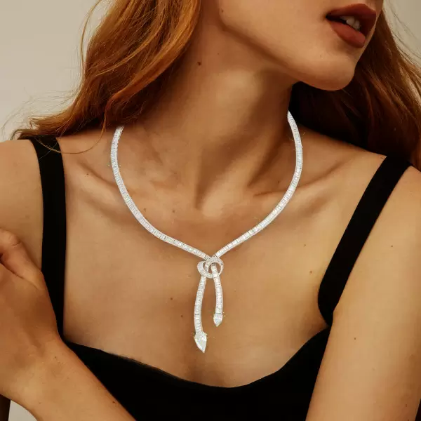 30ctw Pear and Baguette Cut White Sapphire Knot Necklace