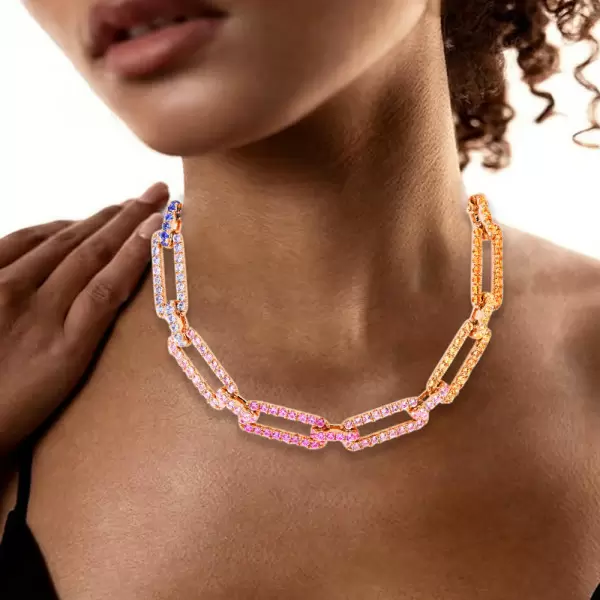 50ctw Multicolor Sapphire Paperclip Link Statement Necklace