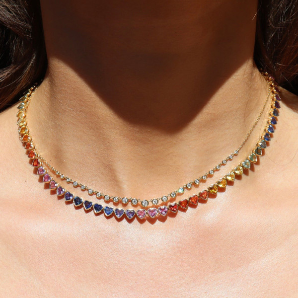 35ctw Bezel-set Heart Cut Multicolor Sapphire Rainbow Necklace