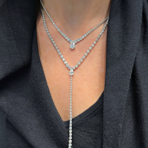 16ctw Pear and Round Cut Layered Necklace Set