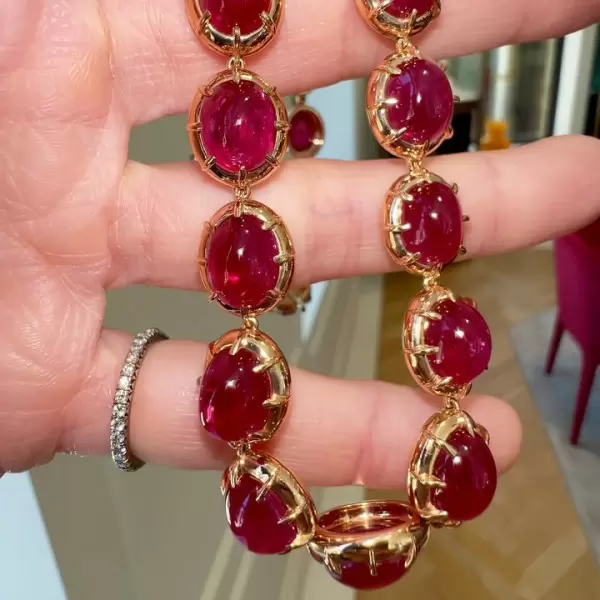 108ctw Oval-Shaped Cabochon Ruby Rose Gold Tone Statement Necklace