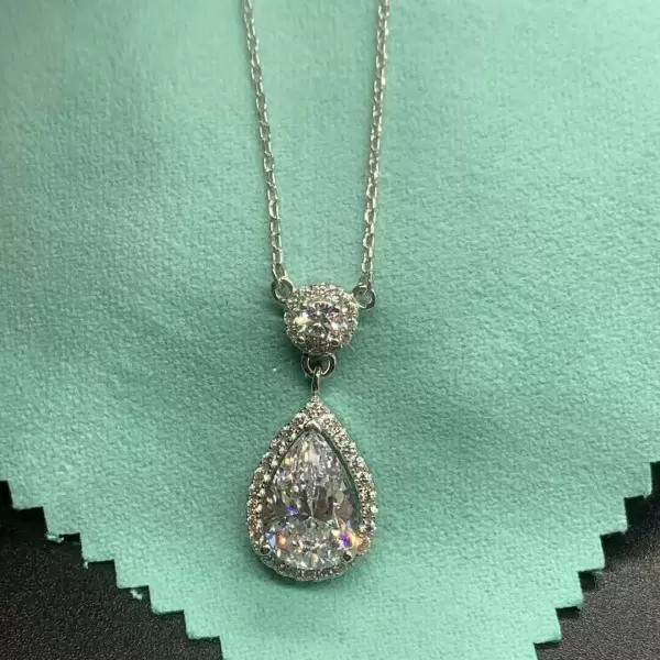 3ct Pear Cut White Sapphire Halo Pendant Necklace