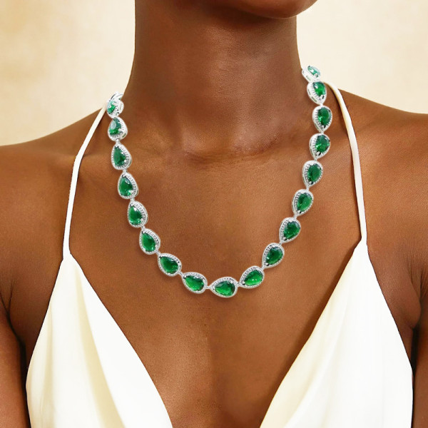 80ctw Pear Cut Emerald Halo Statement Necklace