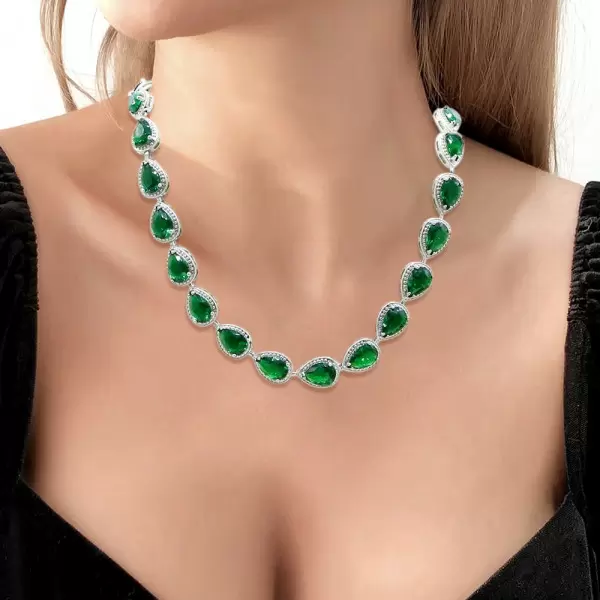 80ctw Pear Cut Emerald Halo Statement Necklace