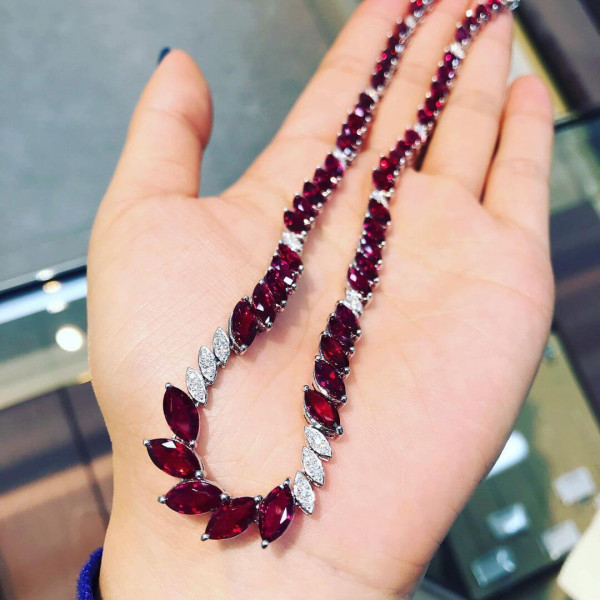 Marquise Cut Ruby Halo Necklace for Women
