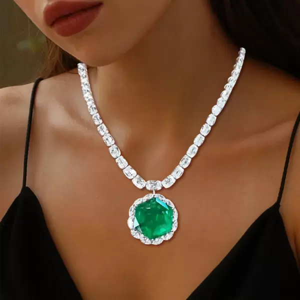 20ct Hexagon Cut Emerald Halo Pendant Statement Necklace