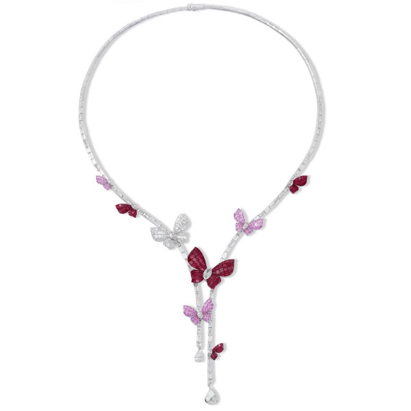 Butterflies White & Pink Sapphire Ruby Delicate Necklace