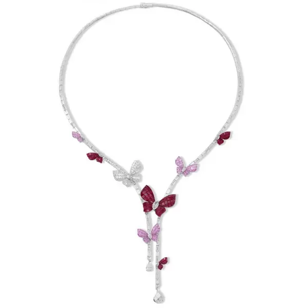 Butterflies White & Pink Sapphire Ruby Delicate Necklace