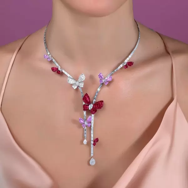 Butterflies White & Pink Sapphire Ruby Delicate Necklace
