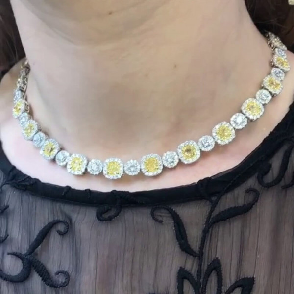 Halo Cushion Cut Yellow Sapphire Necklace