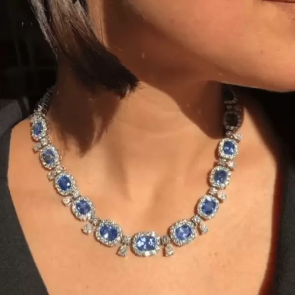 35ctw Cushion Cut Halo Blue Sapphire Statement Necklace