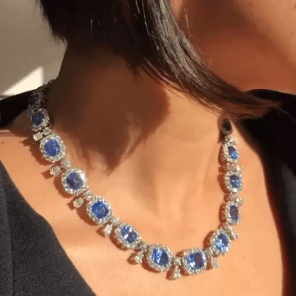 35ctw Cushion Cut Halo Blue Sapphire Statement Necklace