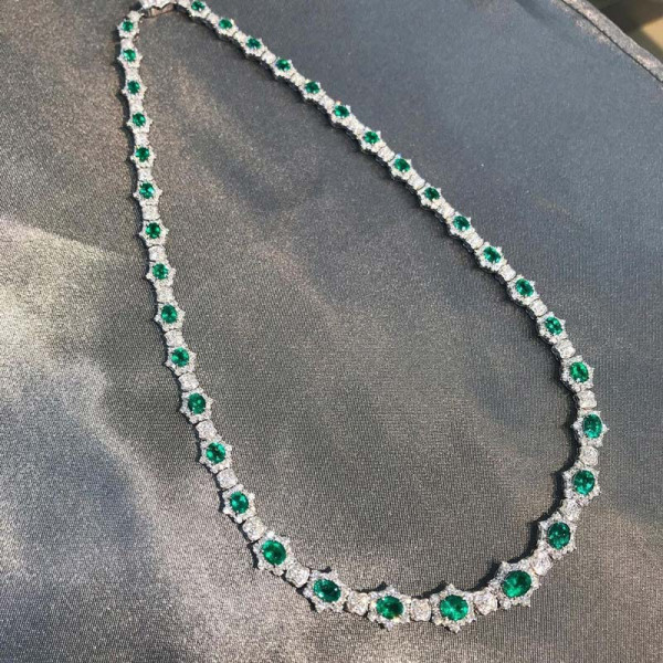 Halo Oval Cut Emerald Art-deco Style Vintage Necklace