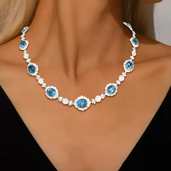 30ctw Oval Cut Aquamarine Flower Design Vintage Necklace